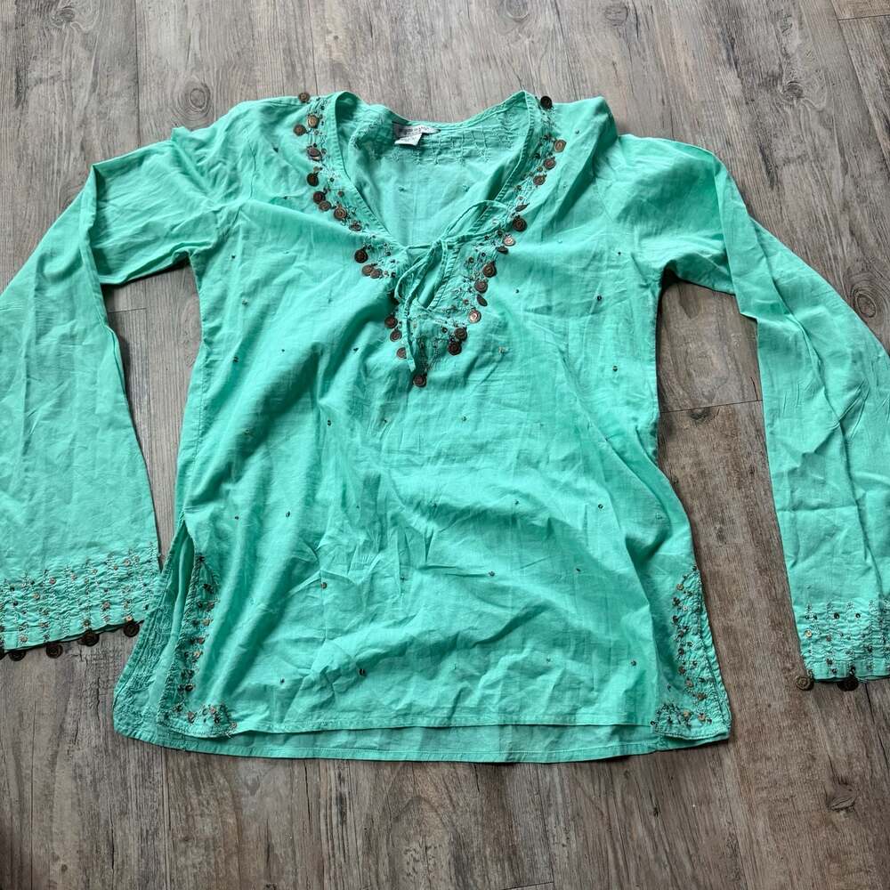 Guess Jeans Women's Size L/G Mint Green Beaded Coin Embellished Long Sleeve Top